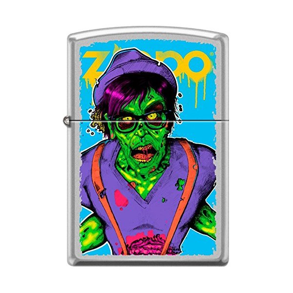 Zippo Neon Hipster Zombie Walking Dead Satin Chrome WindProof Lighter NEW