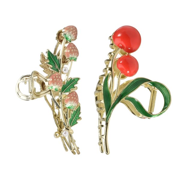 Yonchic 2-Piece Multiple Shapes Metal Hair Clips, Strawberry Hair Claws for Thin/Medium Thick Hair, Elegant Cherry Barrettes Strong Hold Hair Clamps Non Slip Cute Crystal Hair Accessories