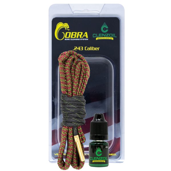 Clenzoil Field & Range 243 Cal 6mm Cobra Bore Cleaner | Gun Barrel Cleaning Kit for 6 mm, 240, 243, 244 Rifles | Brass Brush Embedded in Cotton Snake | Includes CLP Solution