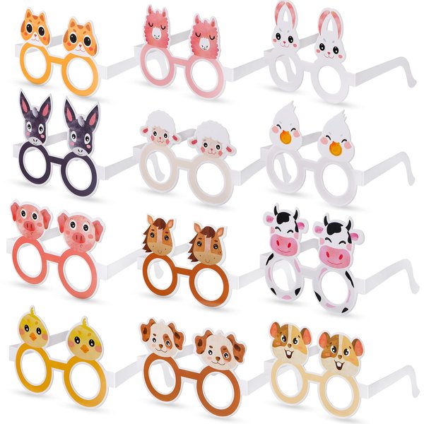 Sratte 24 Pieces Farm Animal Glasses Barnyard Paper Frame Animal Eyeglasses Farmhouse Funny Eyewear for Farm Themed Birthday Party Costume Supplies