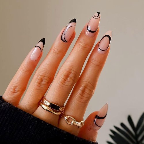 RikView Medium Press on Nails French Fake Nails Almond Acrylic Nails Clear Press on Nails with Swirls Design Black Nails