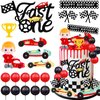MEMOVAN Fast One Cake Topper Race Car First Birthday Cake Decorations with Red Black Balls for Boy's Kids Racing Car Checkered Flag Themed Birthday Party Favors