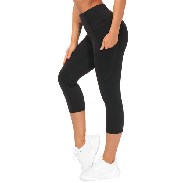 THE GYM PEOPLE Thick High Waist Yoga Capris with Pockets, Tummy Control Workout Running Yoga Leggings for Women (Small, Z- Capris Black)