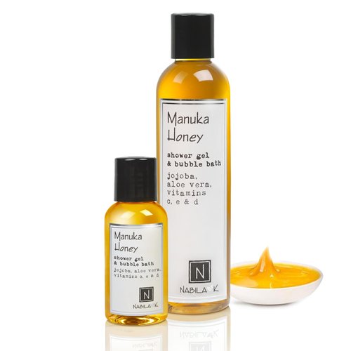 Nabila K Shower Gel & Bubble Bath - Body Wash for Men & Women - Non-Drying Formula with Jojoba, Aloe Vera, And Vitamins C, E & D - Naturally Derived Ingredients - Travel Size - Manuka Honey - 2.4 oz