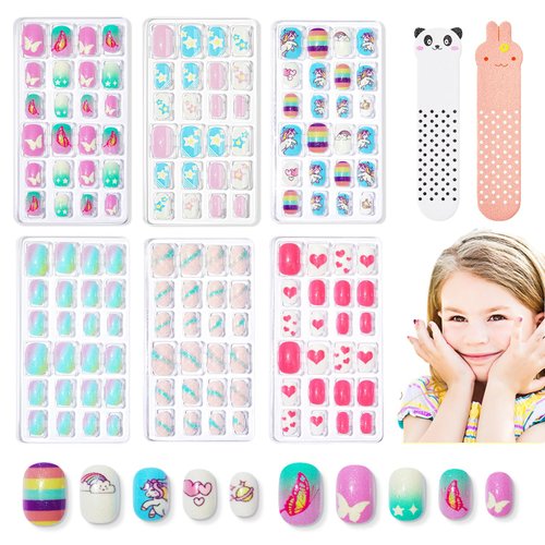 Modelones 144Pcs 6 Pack Press on Nails for Kids Children Acrylic Fake Nails Pre-glue Full Cover Glitter Gradient Color Starts Unicorn Butterfly Short False Nail Art Kits Sets Gifts for Kids Girls