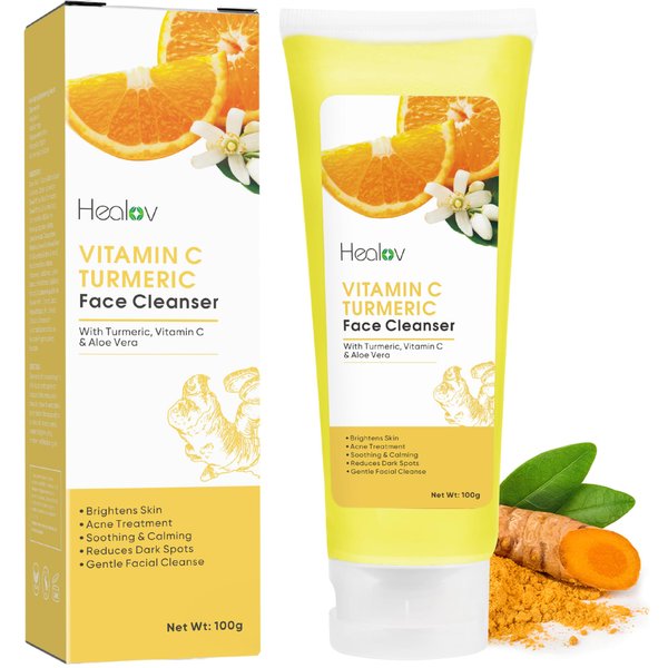 Healov Turmeric Face Wash – Skin Brightening Turmeric Liquid Soap for Discoloration – Natural Anti Aging Exfoliating Turmeric Facial Cleanser for Spots, Acne, Sun Damage – Turmeric Soap Skincare