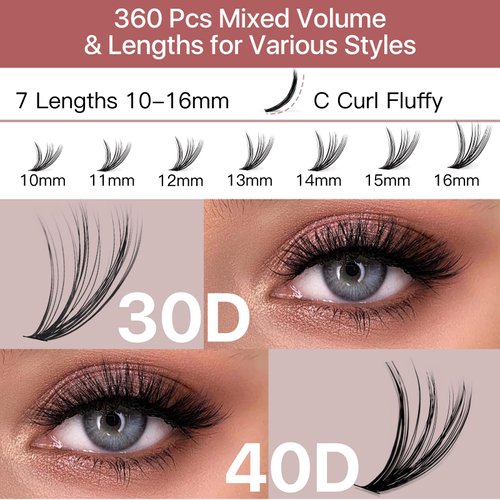 Pretty memory 360Pcs Individual Cluster Lashes 30D+40D Cluster Eyelash Extensions 10-16mm False Mink Eyelashes DIY Lash Extensions(C Curl）