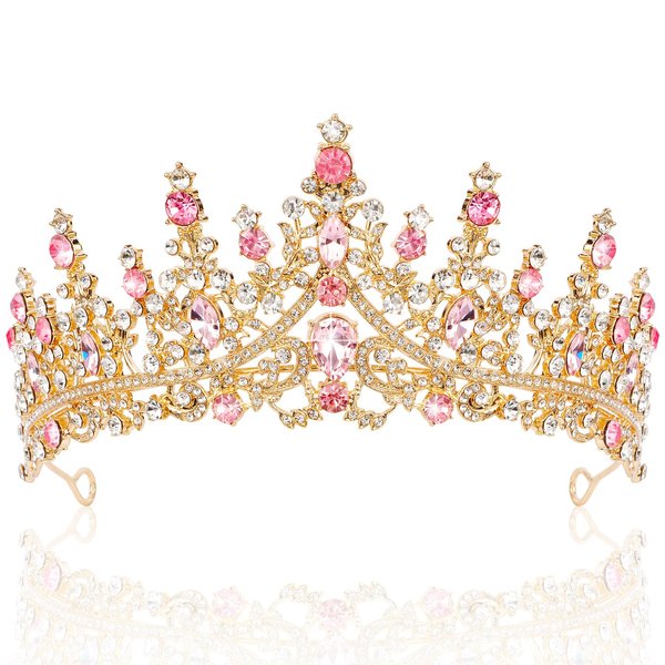 TOBATOBA Gold Pink Crown, Wedding Tiaras and Crowns for Women, Coronas Para Ramos Buchones De Flores, Queen Crown Royal Princess Quinceanera Headpieces for Birthday Prom Pageant Halloween Cosplay