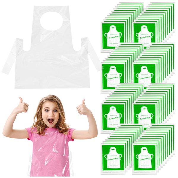 ZAUGONTW 100 Pcs Disposable Aprons for Kids - Clear Plastic Aprons Kids Art Disposable Waterproof Smocks for Painting, Cooking 4-12