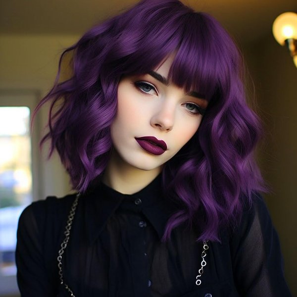 Amyqueen Dark Purple Short Bob Wigs with Bangs for Women Loose Wavy Wig Curly Wavy Shoulder Length Bob Synthetic Cosplay Wig for Girl Colorful Costume Wigs (Dark Purple)