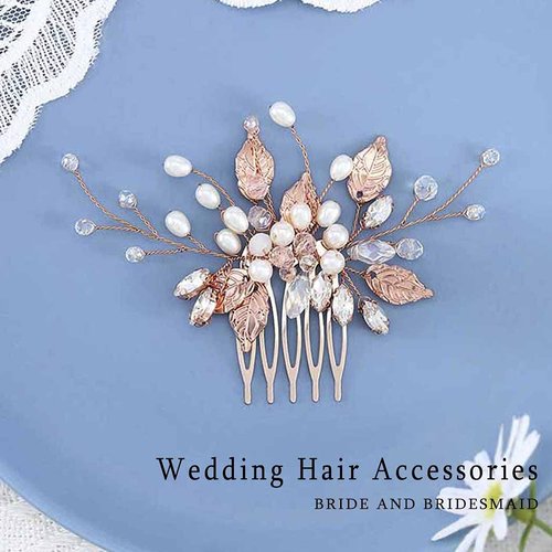 YBSHIN Bride Wedding Hair Comb Pearl Hair Piece Leaf Bridal Hair Accessories for Women and Girls (B-Rose Glod)