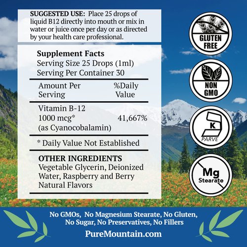 Pure Mountain Botanicals B12 Liquid | 1,000 mcg Vitamin B12 Supplement to Support Nerves, Immune Health, Energy, and Cognitive Function* - Kosher B12 Drops with Natural Berry Flavor, 1oz Bottle