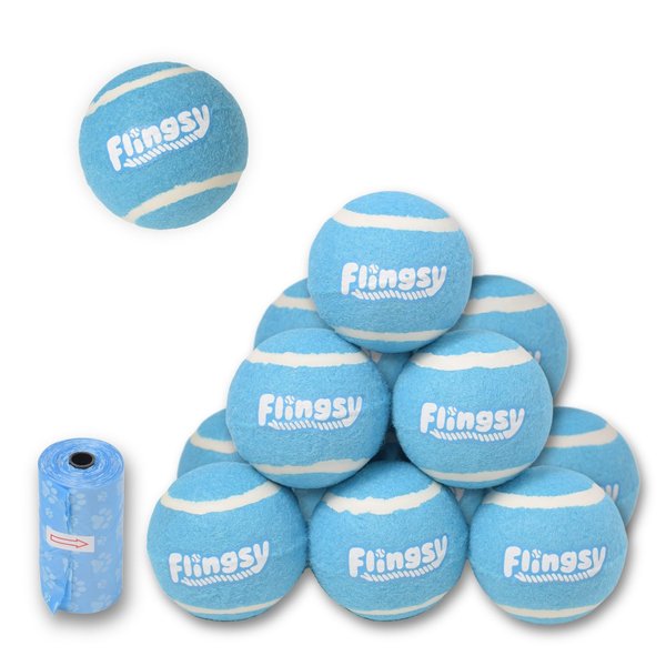 Flingsy Tooth-Safe Box of 12 Dog Tennis Balls Bright Blue Pet Fetch Ball for Flingsy Toy 2.5" Standard Size Non-Squeak Dozen Twelve Pack Compatible with Regular Medium Thrower and Launcher