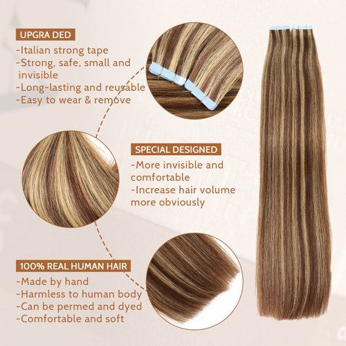 Tape in Hair Extensions Human Hair 4/27 Highlight Brown Straight Tape in Human Hair Extensions Adhesive Glue on Premium Quality Silky Invisible Seamless Skin Weft 14 inches 20pcs 40g/pack