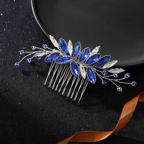 Latious Bride Wedding Hair Comb Silver Crystal Bridal Hair Clip Blue Rhinestones Hair Piece Royal Sapphire Crystal Hair Accessories for Women and Girls