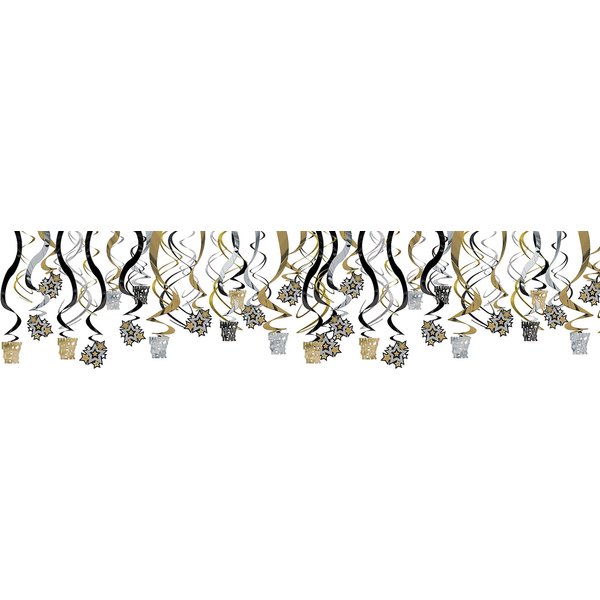 Amscan Rocking New Year Party Hanging Swirl Decorations, Black/Gold/Silver, Foil, Pack of 30 Party Supplies