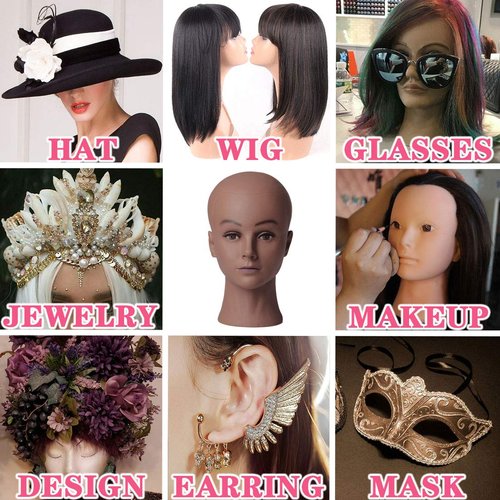 NEWSHAIR Bald Female Mannequin Head with Eyelash Training Head Wig Head Professional Cosmetology for Wig Making and Display Hat Helmet Glasses or Masks Display Head Model with Free T-Pins (Dark Brown)