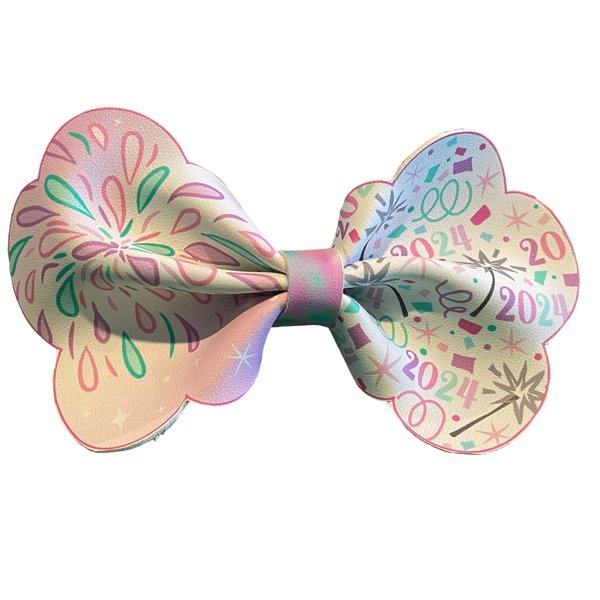 Faux Leather Bow, Winter Hair Bow, Pink, Green, White, 2024, NYE, New Year's Eve, Fireworks (black background)