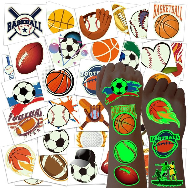 40 Sheets (300 Styles) Luminous Sports Temporary Tattoos for Kids Boy, Soccer Basketball Baseball Football Tattoo Stickers Bulk for Party Favor, Gifts for Sports Goodie Bag Stuffers