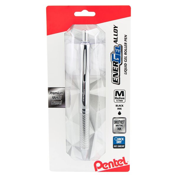 Pentel EnerGel Alloy RT Gel Pen, Medium Metal Tip, Silver Barrel, Black Ink, 1 Each (BL407BP)