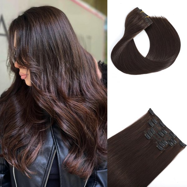 Dark Brown Clip in Hair Extensions Real Human Hair 16 Inch 7pcs 120g Remy Human Hair Extensions 16 Clips Ins Seamless Double Weft Straight Human Hair Clip In Hair Extensions for Woman