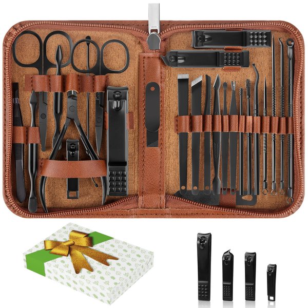 Manicure Set, Professional Nail Clippers Pedeicure Kit 26 Pieces Nail Care Tools for Travel & Grooming (Brown)