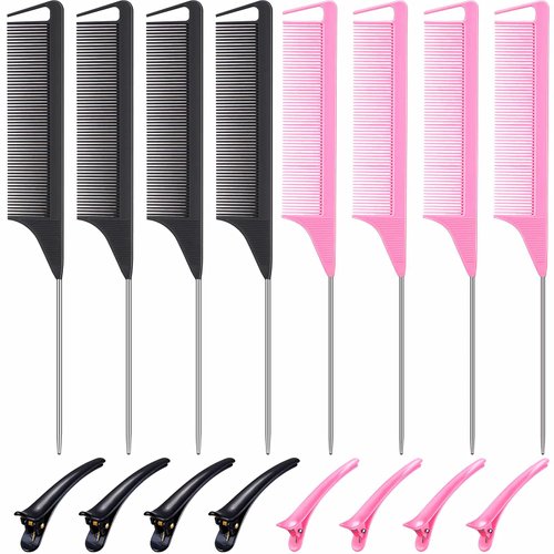 16 Pieces Parting Comb Sectioning Clips Set, Carbon Stainless Rat Tail Combs Pintail Comb and Duckbill Hairpin Barber Teasing Parting Styling Combs for Hair Styling Hairdressing (Black and Pink)