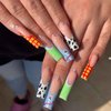 Foccna Long Press on Nails Pink Square French Fake Nails Summer Nails Purple Full Cover Bling Acrylic False Rhinestone Nails 3D Flower Design Square Nails for Women and Girls 24PCS (Square Nails 5)