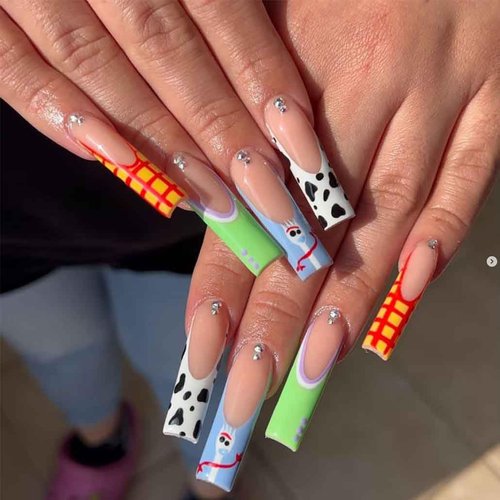 Foccna Long Press on Nails Pink Square French Fake Nails Summer Nails Purple Full Cover Bling Acrylic False Rhinestone Nails 3D Flower Design Square Nails for Women and Girls 24PCS (Square Nails 5)