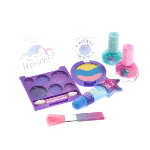 Townley Girl Mermaid Vibes Makeup Set with 8 Pieces, Including Lip Gloss, Nail Polish, Body Shimmer and More in Mermaid Bag, Ages 3+ for Parties, Sleepovers and Makeovers