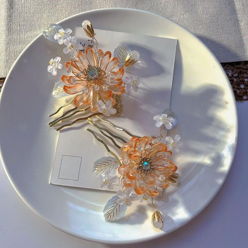 1 pcs Rabithenn Orange Equinox Flower for Women Chinese Hanfu Acrylic Resin Pearl Hair Clips Flower with Metal Hair Accessories for Women Girls Long Hair (Equinox Flower)