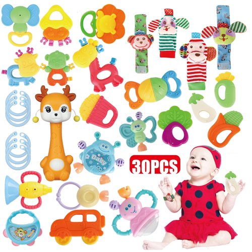 Cocurb 30 Pcs High Contrast Baby Toy Gift Set for Infants - Rattles, Teething Toys & Wrist Socks - Suitable for 6-12 Months - Perfect Baby Toys for Boys and Girls