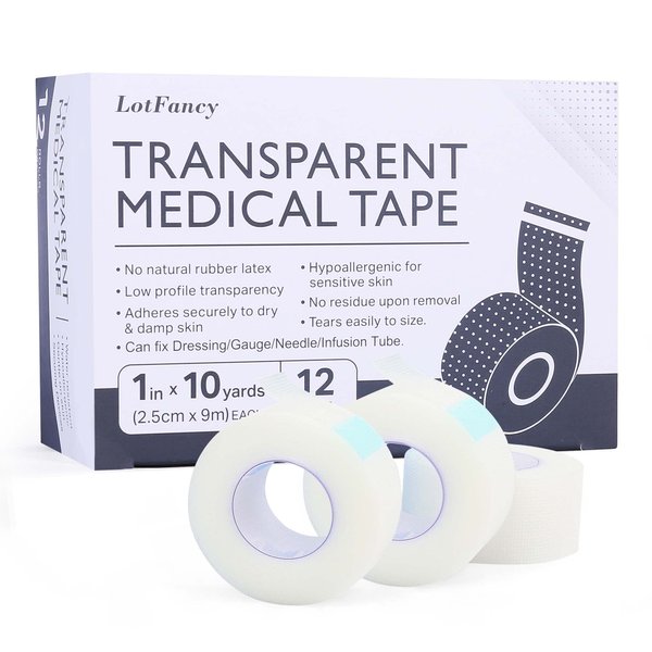 LotFancy Transparent Medical Tape, 12 Rolls Adhesive Clear Hypoallergenic Surgical Tape, PE First Aid Tape for Wound, Bandage, 1inch x 10Yards, Sensitive Skin, Latex Free