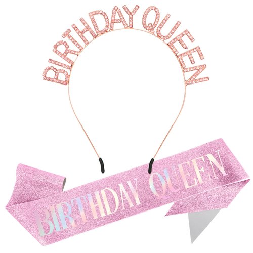 Birthday Sash Birthday Crown for Women, Birthday Queen Sash, Birthday Queen Crown, Glitter Pink Birthday Sash and Crown Rhinestone Headband Set,Happy Birthday Girl Sash Princess Tiara Sash Accessories