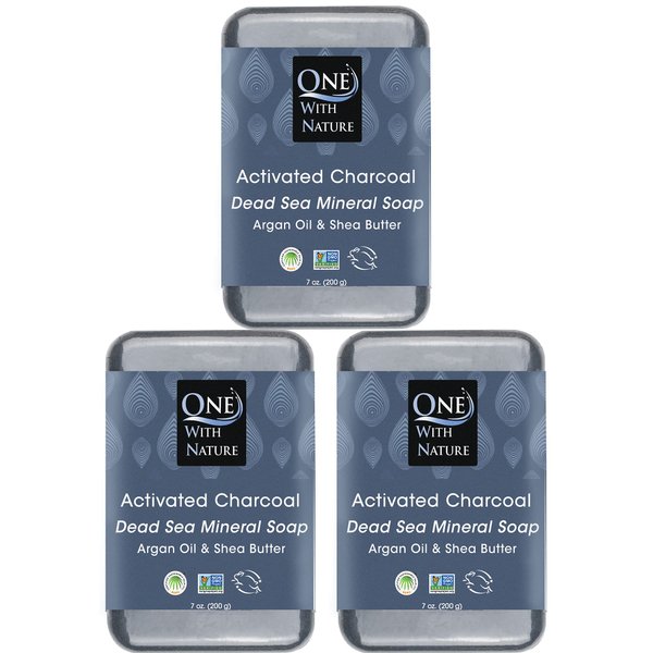 One With Nature Dead Sea Salt Activated Charcoal Soap 7oz 3Pack, Black Bar Soap Detoxifying Body Wash Soap Bar & Face Soap Vegan Men Soap with Shea Butter 100% Natural Soap for Men & Women Soap Bar