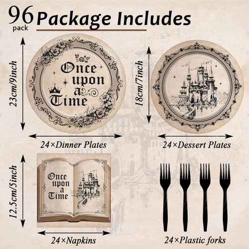 Fairytale Plates and Napkins Once Upon a Time Tableware Set Girl Princess Plates Old Opening Book Dinnerware Floral Castle Plate for Birthday Party Wedding Baby Shower Decoration Supplies Serve 24