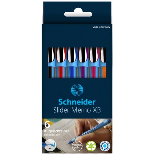 Schneider Slider Memo XB Ballpoint Pen, Asstd. Colors, Pack of 6 (150296)