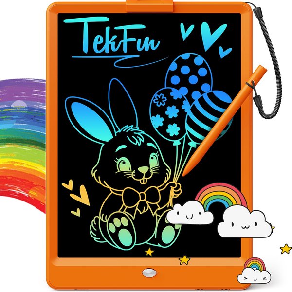 TEKFUN Toys for Girls Boys 10In LCD Writing Tablet, Magic Doodle Board with Anti-Lost Stylus, Mess Free Coloring for Toddlers Drawing Pad, Toddler Travel Car Plane Trip Toys Gifts (Orange)
