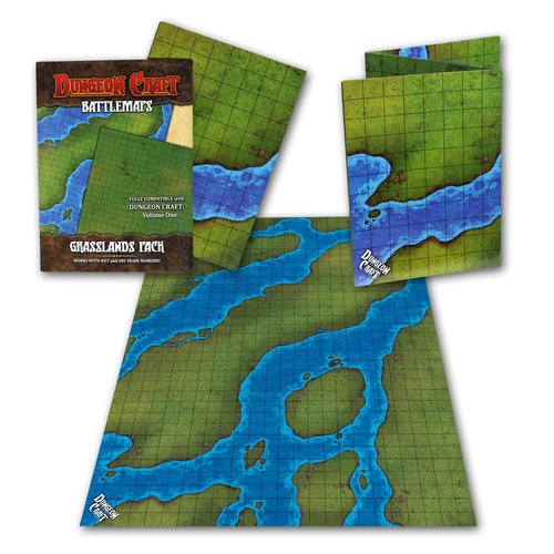 DUNGEON CRAFT Battlemaps Board Game, Battle Mat for Dungeons and Dragons, Double-Sided Gloss Laminated DND Mat, Wet and Dry Erase Board, Table Top Games (Grasslands Pack, 24"x33"/1" Grid)
