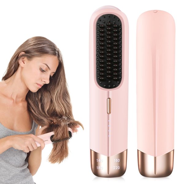TECHPLUS Hair Straightener Comb - Cordless Hair Straightener Brush for Women and Girls - Portable Negative Ion Hair Styling Comb for Home, Travel, and Outdoor Use Pink