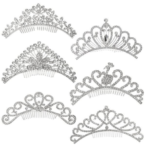 Mezchi 6 Pack Silver Tiara Princess Crown Comb, 4.5 Inch Small Tiara for Little Girls, Crystal Toddler Tiara Crown for Baby, Girls Hair Dectoration, 6 Styles