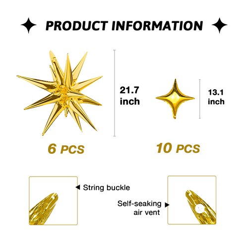 Gold Star Foil Balloons Kit with 6 Pack 12 Point Star Balloons Starburst Cone Balloons Spike Balloons and 10Pcs Four Pointed Star Balloos for Wedding Baby Shower Photo Booth Birthday Party Supplies