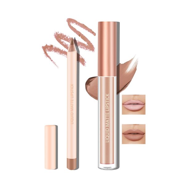 Boobeen Liquid Matte Lipstick and Lip Line Pencil Set, Nude Red Lip Makeup Longwear Waterproof Lipliner Pens & Velvet Lip Stain Lip Gloss Smooth Matte Lip Color Make Up Gift Set