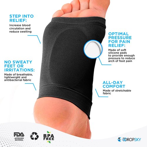 Arch Support, Flat Feet Arch Support Women and Men- Plantar Fasciitis Support Brace, Compression Arch Supports- Foot Arch Support for Flat Feet and Pain Relief, Arch Support Bands- 4 pieces, Black FSA HSA elegible