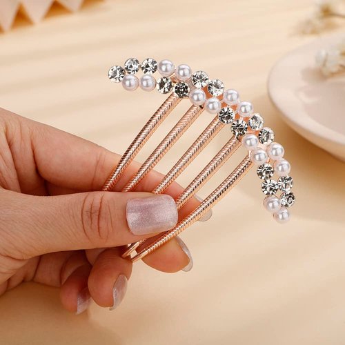 Jumwrit Wedding Crystal Hair Comb Rose Gold Rhinestone Pearl Hair Side Comb Vintage Bride Bridesmaid Headpiece Hair Clip Comb Decorative Bridal Hair Jewelry for Women Girls(Style 2)