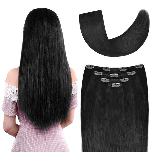 14" Clip in Hair Extensions Real Human Hair for Women - Silky Straight Jet Black Human Hair Clip in Extensions 50grams 4pieces #1 Color