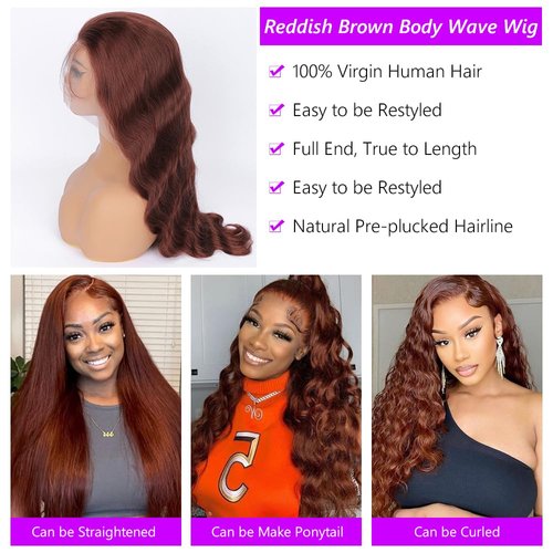 Vemalin Reddish Brown Lace Front Wigs Human Hair 13x4 HD Transparent Lace Fronttal Wigs Human Hair for Black Women Auburn Colored 180% Density Pre Plucked Body Wave Glueless Wigs Human Hair 28 Inch