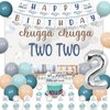 kreat4joy Chugga Chugga Two Two Birthday Party Decorations, 2nd Train Birthday Decorations, Retro Blue Balloons Backdrop Banner Cupcake Cake Toppers Number 2 Foil Balloon for 2 Year Old Birthday Party