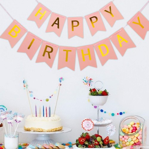 WESTGO Birthday Decorations, Pink and Golden Premium Quality Happy Birthday Banners with Golden Sparkle Shimmering Letters, Reusable Birthday Party Supplies Perfect for Kids Girls and Women