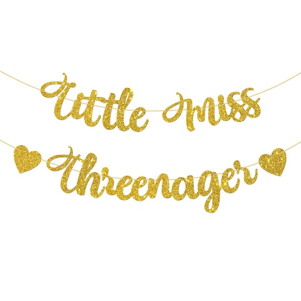 WeBenison Little Miss Threenager Banner/Three Years Old Birthday Banner/Three Sign/Girls 3rd Birthday Party Decoration Supplies - Gold Glitter